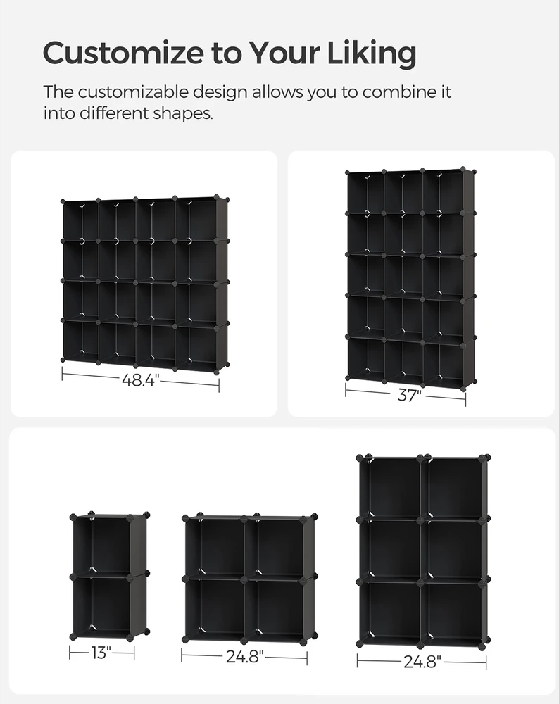 Songmics Modulinė kubinė lentyna su 16 skyriais, juoda, 125 x 31 x 125 cm