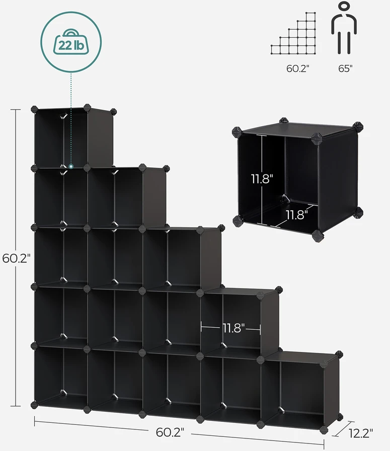 Songmics Modulinė kubinė lentyna su 16 skyriais, juoda, 125 x 31 x 125 cm