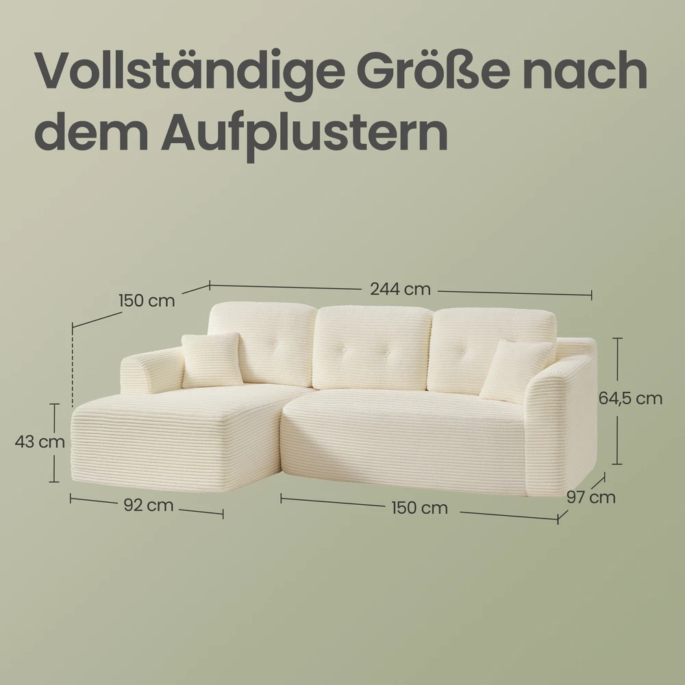 Koduva Modulinė sofa su kairiąja šezlongo dalimi, 244 cm pločio, balta, 150 x 244 x 73 cm