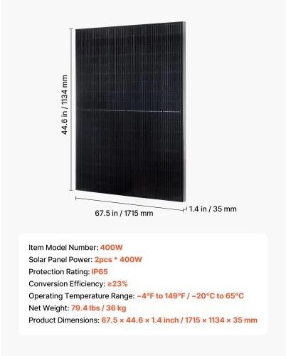 VEVOR Monokristalinės saulės baterijos, 2 vnt., 400 W, aliuminio rėmas, 172 x 113 x 4 cm