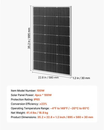 Koduva Monokristalinis saulės modulis VEVOR, 4 vnt. x 100 W, aliuminio rėmas, 90 x 58 x 3 cm