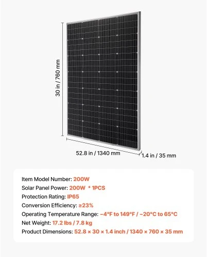 VEVOR Monokristalinis saulės modulis 200 W, aliuminio rėmas, 134 x 76 x 3,5 cm