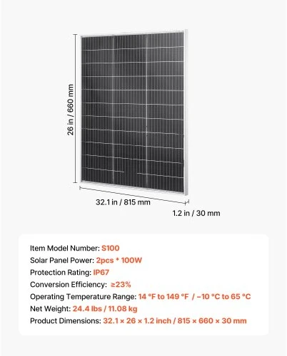 VEVOR Monokristalinis saulės modulis S100, 2 vnt. po 100 W, aliuminio rėmas, 82 x 66 x 3 cm