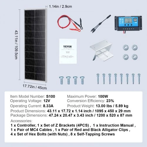 VEVOR Monokristalinis saulės skydelis S100 su įkrovimo valdikliu, 100 W, 12 V, 110 x 45 x 3 cm