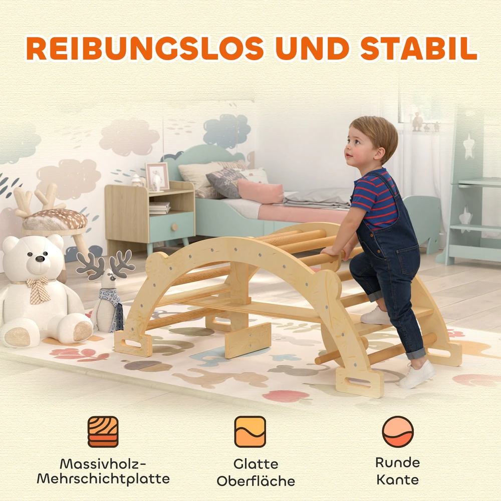 Aosom Montessori laipiojimo lankas vidaus naudojimui, 2-in-1 medinis, natūrali mediena, 110 x 52 x 45 cm