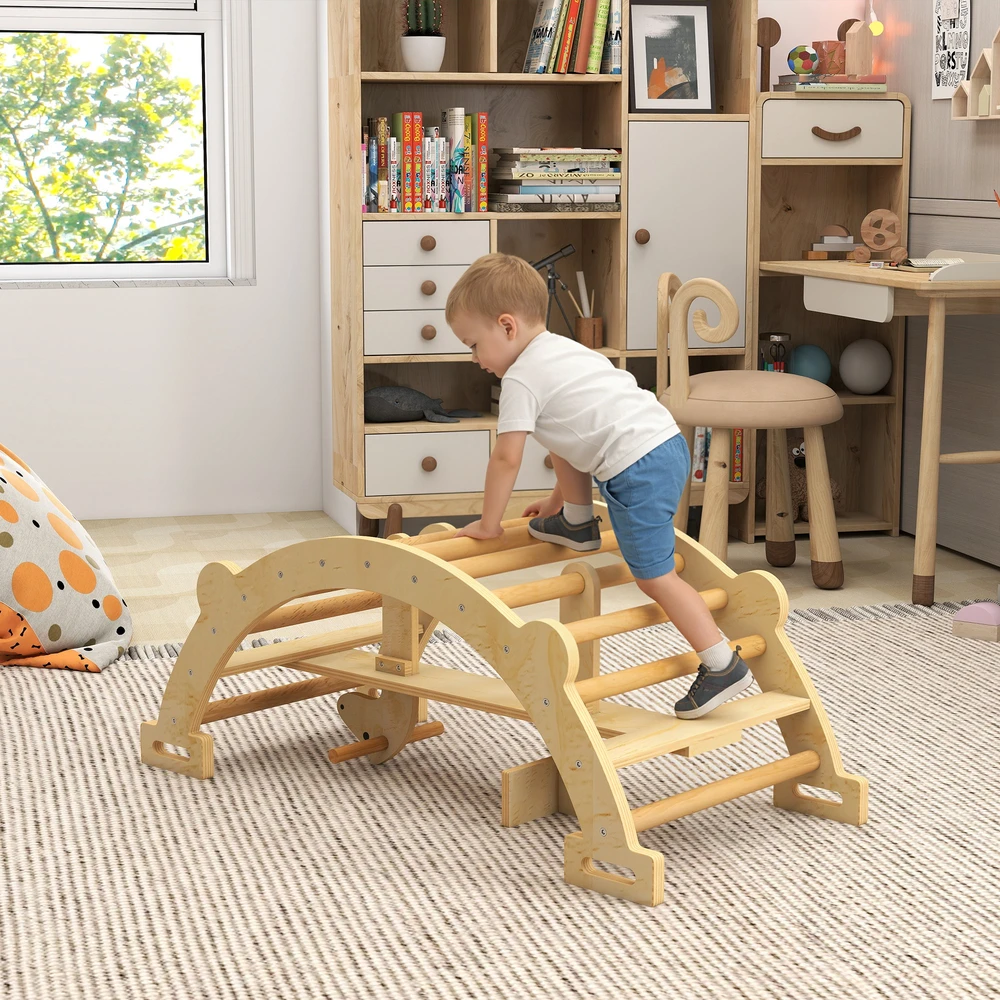 Aosom Montessori laipiojimo lankas vidaus naudojimui, 2-in-1 medinis, natūrali mediena, 110 x 52 x 45 cm