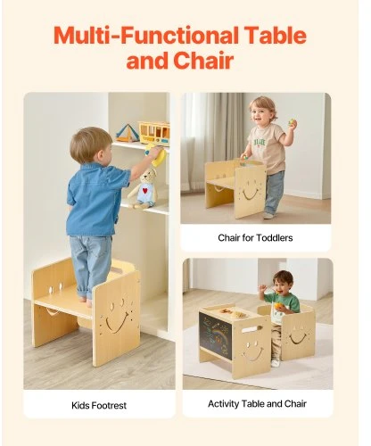 VEVOR Montessori nujunkymo stalo ir kėdės rinkinys, medinis, su lentele, reguliuojamo aukščio, 1-5 m., natūralaus medžio