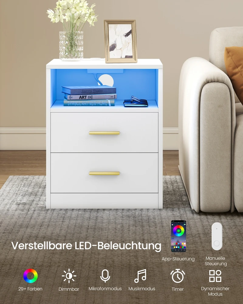 Koduva Naktinis staliukas, 2 vnt., su LED apšvietimu ir įkrovimo stotele, 35 x 40,1 x 50,2 cm, baltas