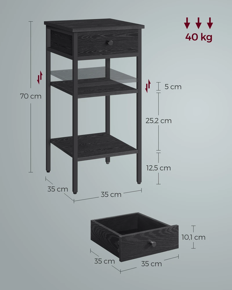 Songmics Naktinis staliukas, 35 x 35 x 70 cm, su 1 stalčiumi ir 2 atviromis lentynomis, juodas