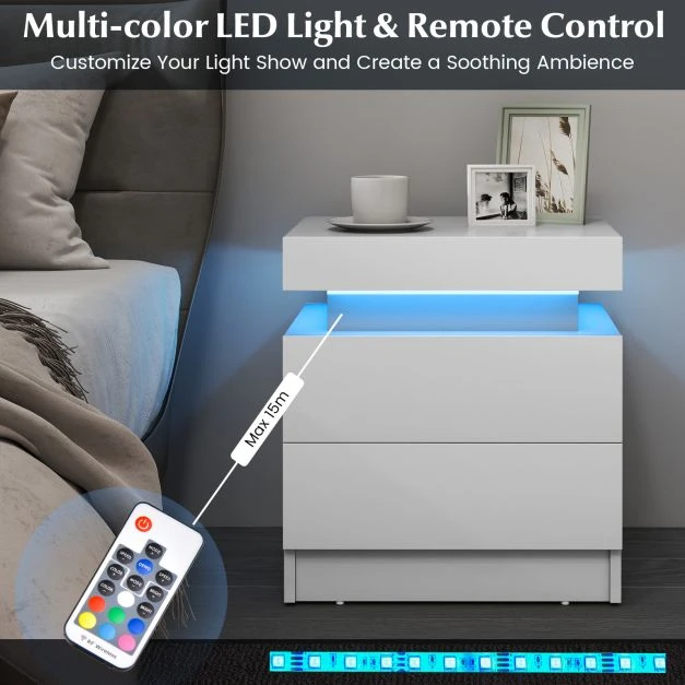 Promotion Naktinis staliukas su 2 stalčiais ir LED šviesa, baltas