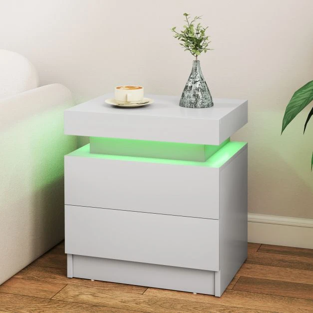 Promotion Naktinis staliukas su 2 stalčiais ir LED šviesa, baltas