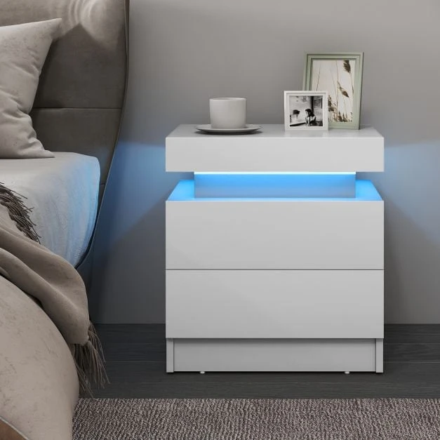 Promotion Naktinis staliukas su 2 stalčiais ir LED šviesa, baltas