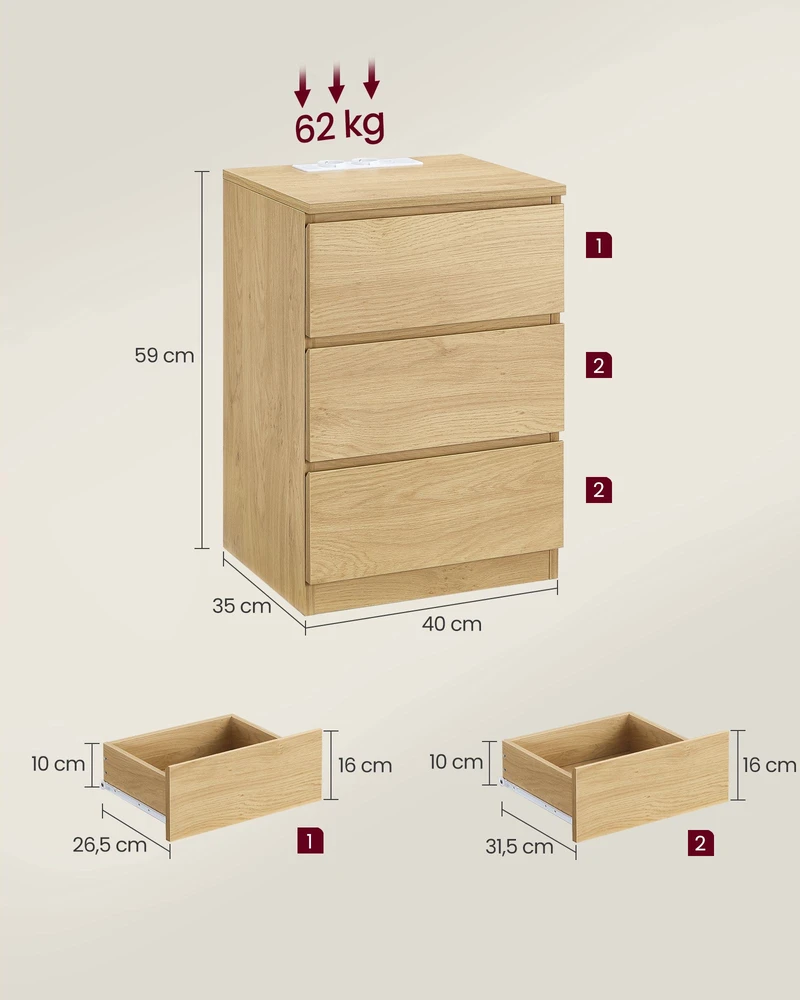 Songmics Naktinis staliukas su 3 stalčiais, 35 x 40 x 59 cm, su 2 AC lizdais ir 2 USB, modernus