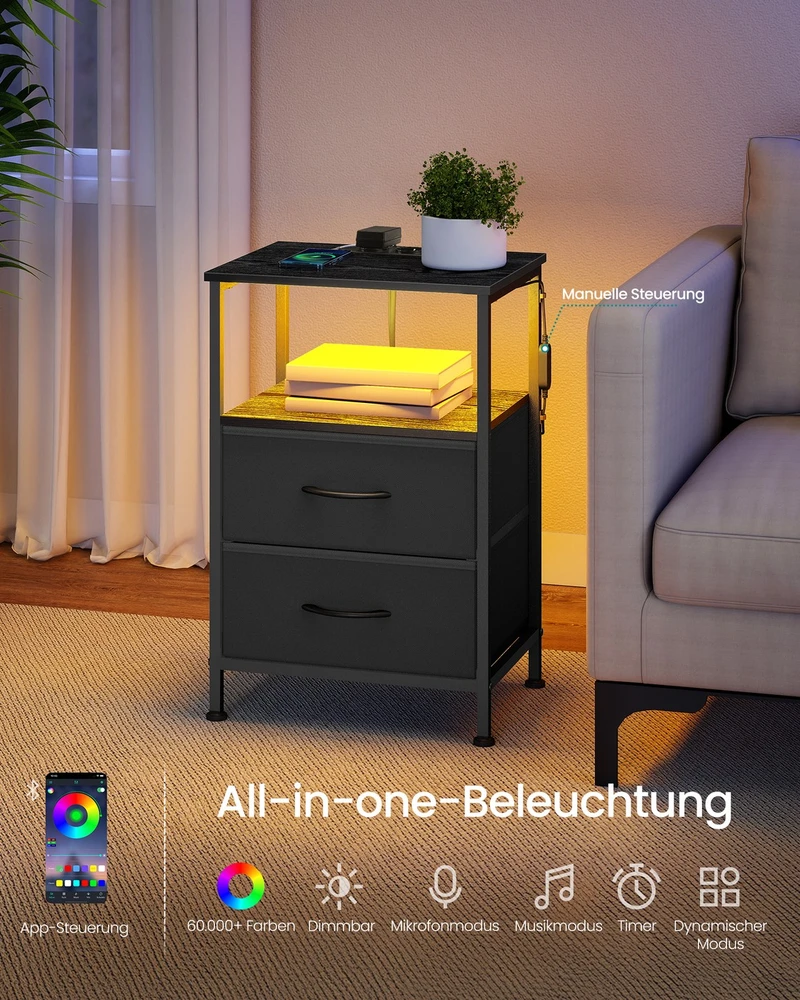 Songmics Naktinis staliukas su įkrovimo stotele ir LED apšvietimu, 30 x 39,6 x 60,4 cm, juodas