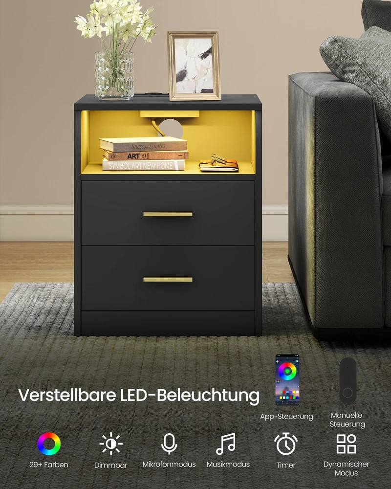 Koduva Naktinis staliukas su įkrovimo stotele ir LED, 2 vnt., juodas, 35 x 40,1 x 50,2 cm