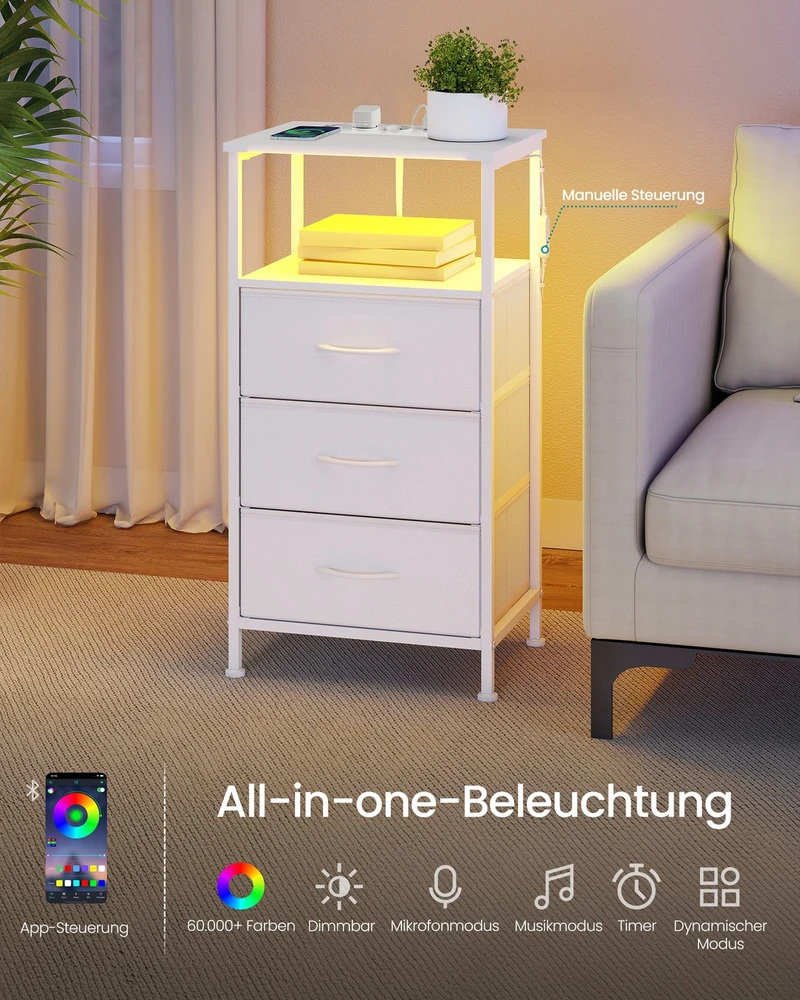 Songmics Naktinis staliukas su įkrovimo stotele ir LED apšvietimu, 30 x 39,6 x 75,9 cm, baltas