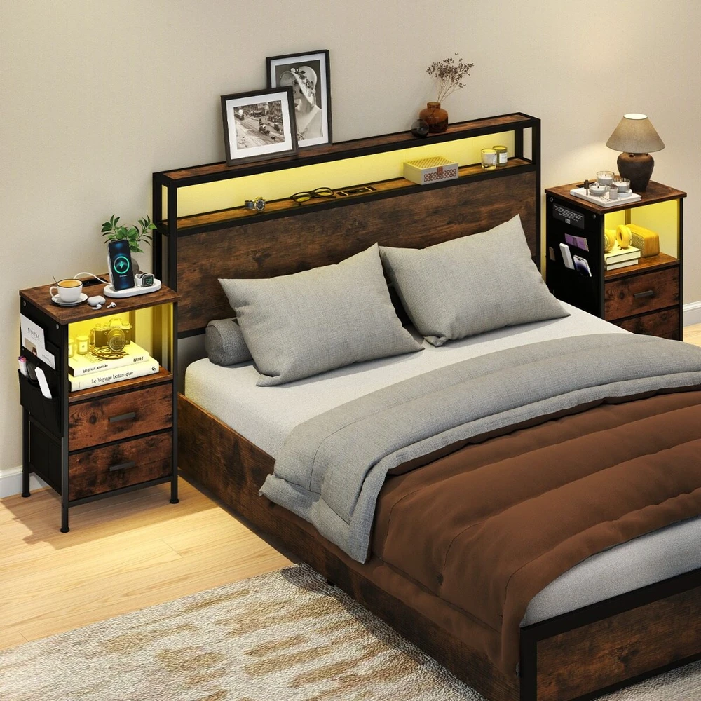 Promotion Naktinis staliukas su įkrovimo stotele, 2 stalčiai ir 6 šoninės kišenės, rudas/juodas, 38 x 30 x 60 cm, 2 vnt.