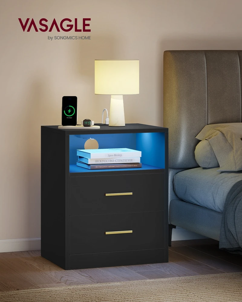 Koduva Naktinis staliukas su įkrovimo stotele ir LED, 2 vnt., juodas, 35 x 40,1 x 50,2 cm