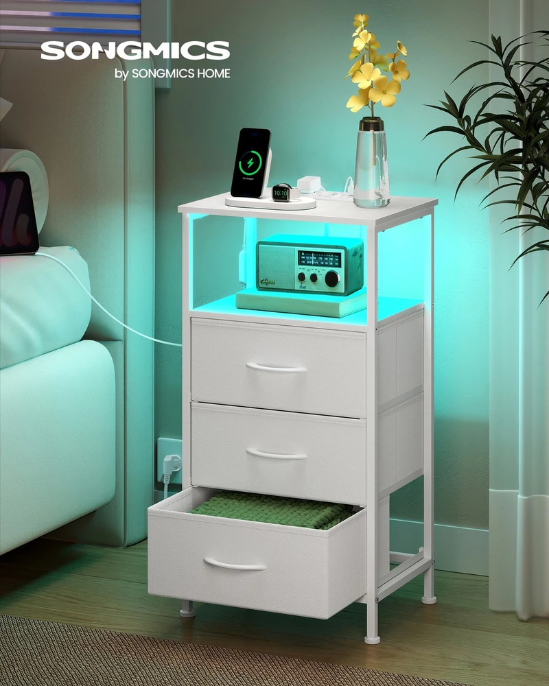 Songmics Naktinis staliukas su įkrovimo stotele ir LED apšvietimu, 30 x 39,6 x 75,9 cm, baltas