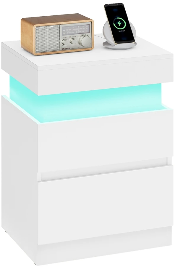 Songmics Naktinis staliukas su įkrovimo stotele ir LED apšvietimu, baltas, 35 x 40 x 55 cm