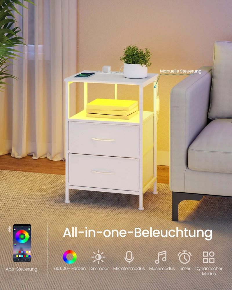 Koduva Naktinis staliukas su įkrovimo stotele ir LED apšvietimu, 30 x 39,6 x 60,4 cm, baltas
