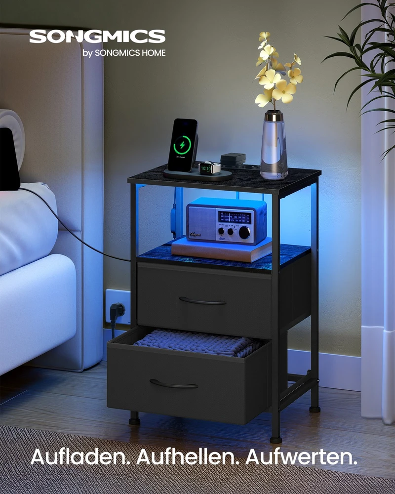 Songmics Naktinis staliukas su įkrovimo stotele ir LED apšvietimu, 30 x 39,6 x 60,4 cm, juodas