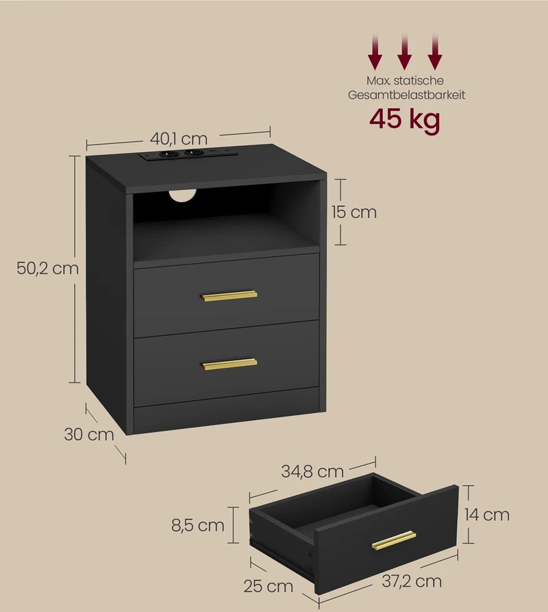 Koduva Naktinis staliukas su įkrovimo stotele ir LED, 2 vnt., juodas, 35 x 40,1 x 50,2 cm