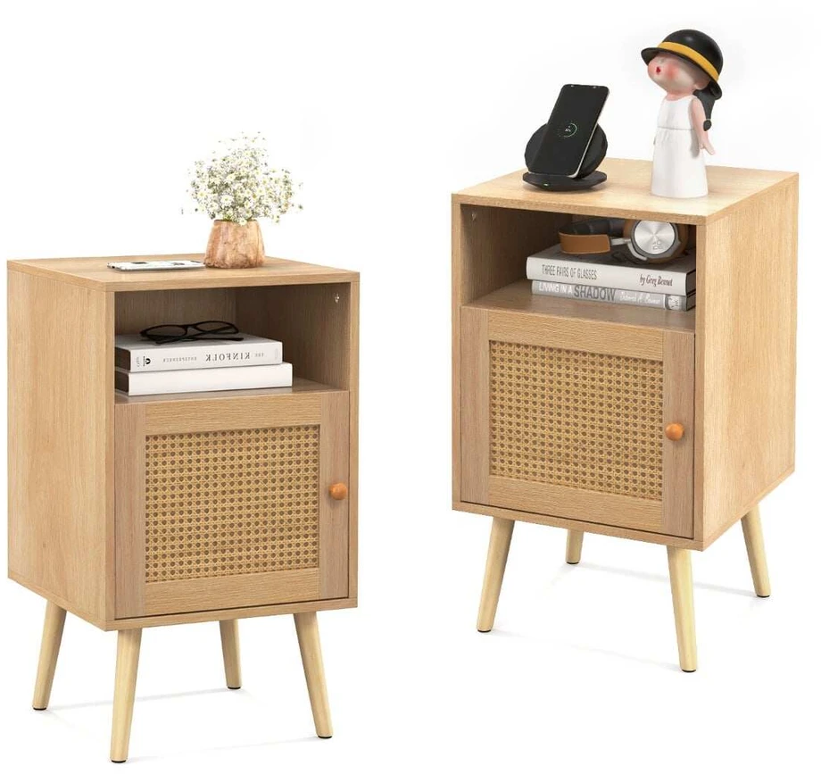Promotion Naktinis staliukas su laikymo vieta ir PE rotango dekoruota durele, natūralios spalvos, 2 vnt.