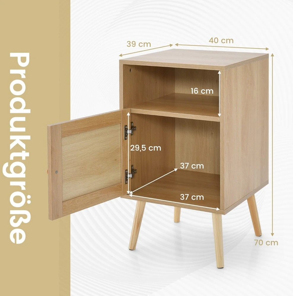Promotion Naktinis staliukas su laikymo vieta ir PE rotango dekoruota durele, natūralios spalvos, 2 vnt.