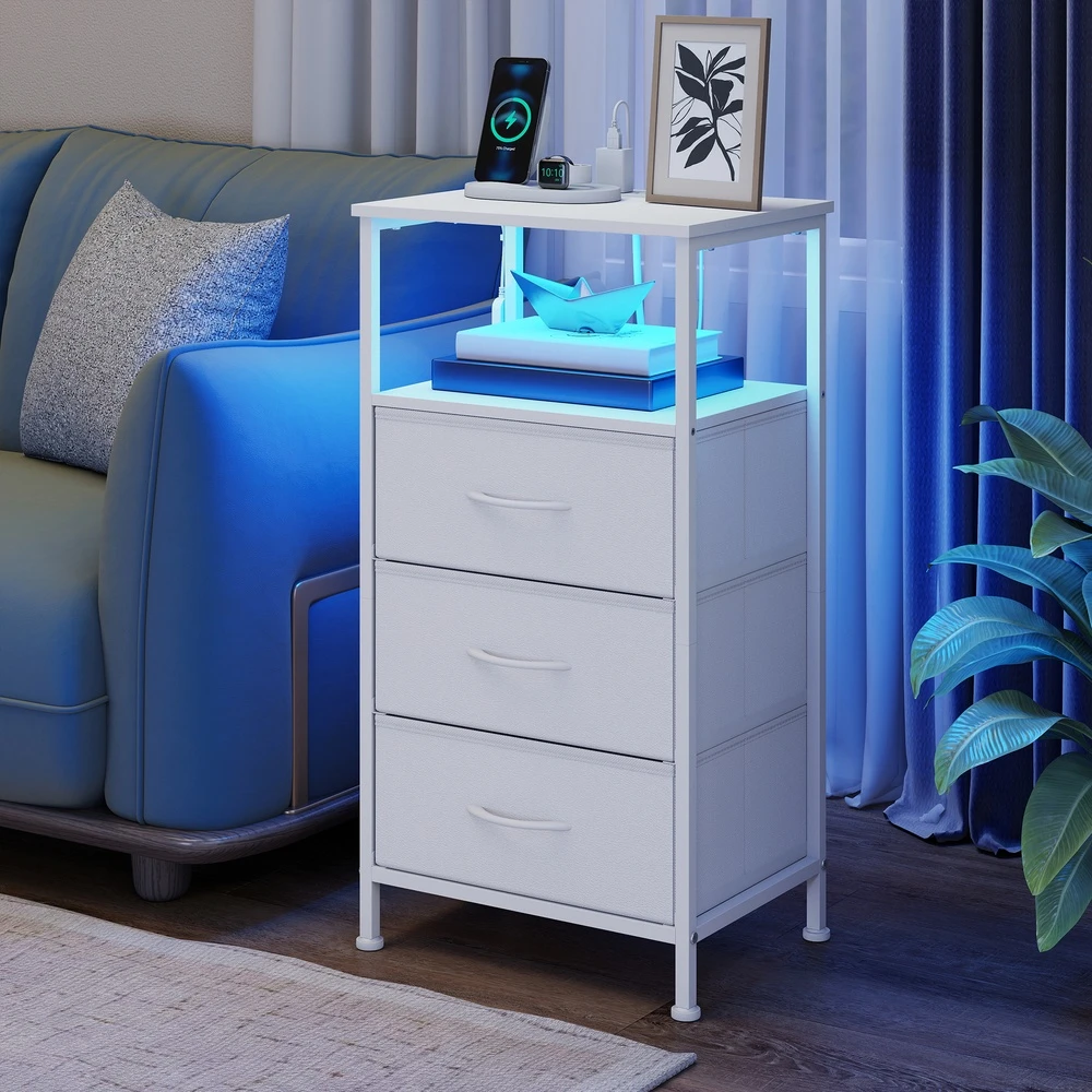 Songmics Naktinis staliukas su LED apšvietimu ir įkrovimo stotele, 3 stalčiai, baltas, 30 x 39,6 x 75,9 cm