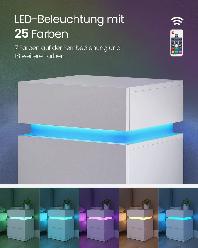 Koduva Naktinis staliukas su LED apšvietimu, baltas, 33,5 x 40 x 55 cm, 3 stalčiai