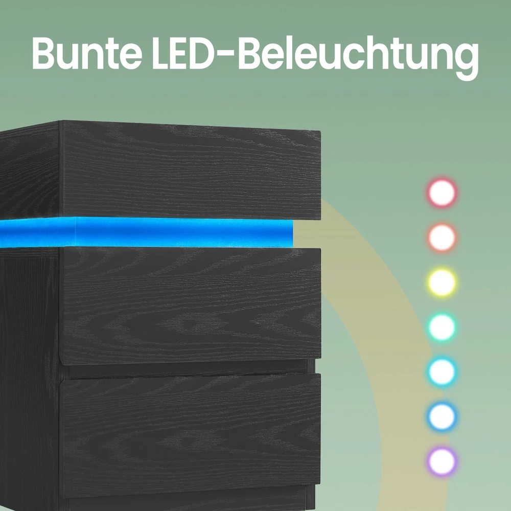 Koduva Naktinis staliukas su LED apšvietimu, 3 stalčiais, juodas medžio rašto, 35,1 x 40,1 x 55,1 cm