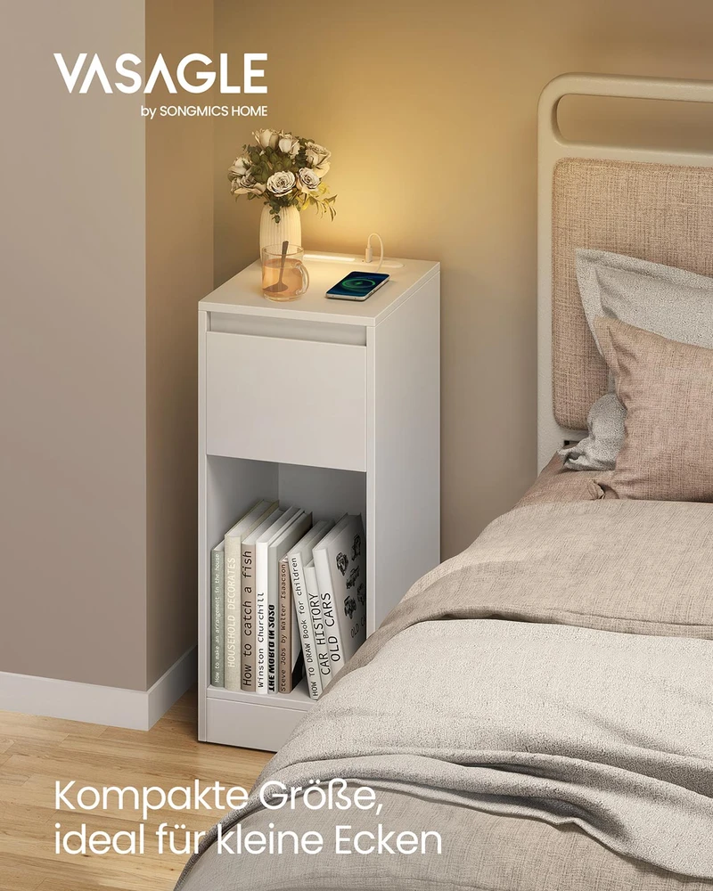 Koduva Naktinis staliukas su LED apšvietimu, USB jungtimis, stalčiumi, 30 x 25 x 59,5 cm, baltas