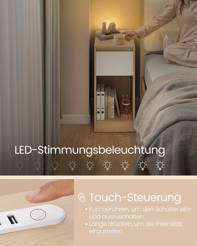 Songmics Naktinis staliukas su LED apšvietimu, USB jungtimis ir stalčiumi, 30 x 25 x 59,5 cm