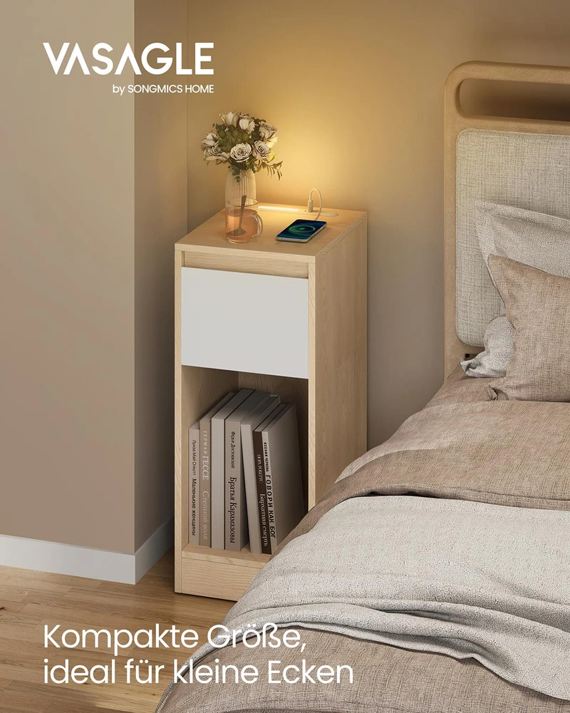 Songmics Naktinis staliukas su LED apšvietimu, USB jungtimis ir stalčiumi, 30 x 25 x 59,5 cm