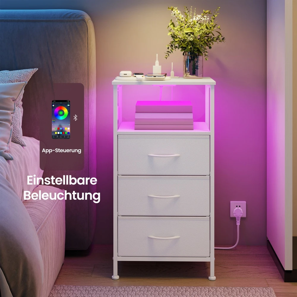 Songmics Naktinis staliukas su LED apšvietimu ir įkrovimo stotele, 3 stalčiai, baltas, 30 x 39,6 x 75,9 cm