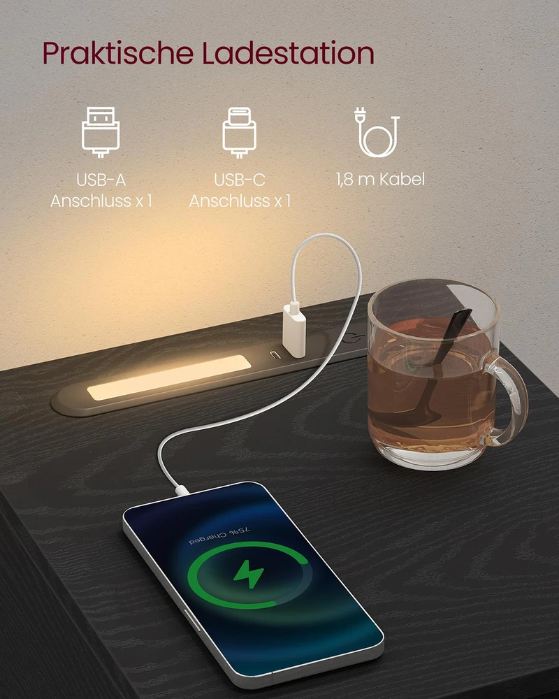 Koduva Naktinis staliukas su LED apšvietimu, USB jungtimis ir stalčiumi, 30 x 25 x 59,5 cm, juodas