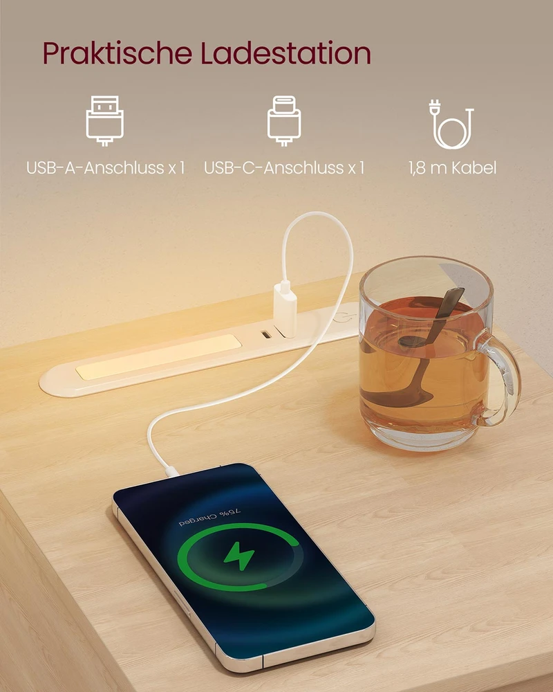 Songmics Naktinis staliukas su LED apšvietimu, USB jungtimis ir stalčiumi, 30 x 25 x 59,5 cm