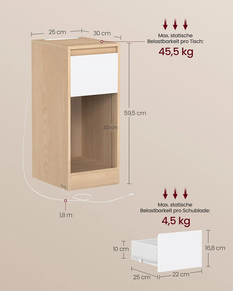 Songmics Naktinis staliukas su LED apšvietimu, USB jungtimis ir stalčiumi, 30 x 25 x 59,5 cm