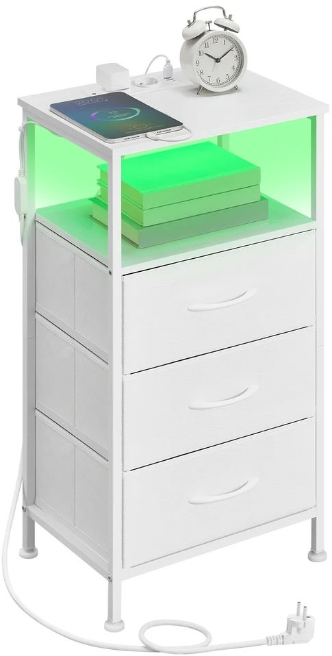 Songmics Naktinis staliukas su LED apšvietimu ir įkrovimo stotele, 3 stalčiai, baltas, 30 x 39,6 x 75,9 cm