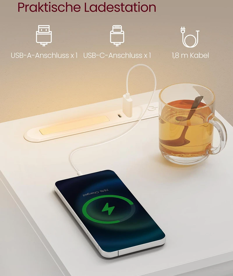 Koduva Naktinis staliukas su LED apšvietimu, USB jungtimis, stalčiumi, 30 x 25 x 59,5 cm, baltas