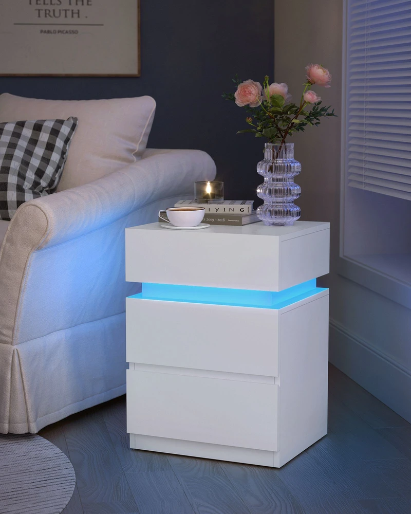 Koduva Naktinis staliukas su LED apšvietimu, baltas, 33,5 x 40 x 55 cm, 3 stalčiai