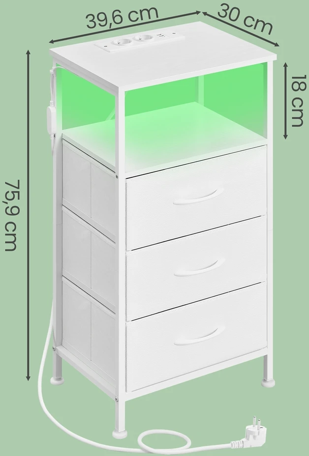 Songmics Naktinis staliukas su LED apšvietimu ir įkrovimo stotele, 3 stalčiai, baltas, 30 x 39,6 x 75,9 cm