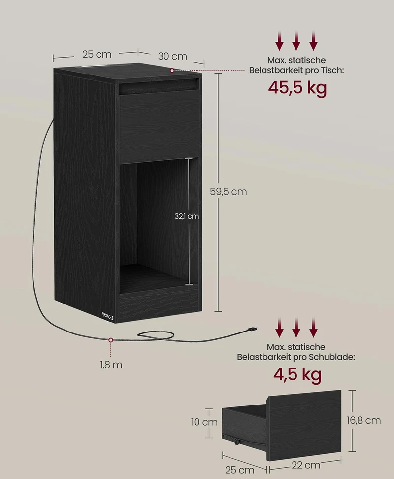 Koduva Naktinis staliukas su LED apšvietimu, USB jungtimis ir stalčiumi, 30 x 25 x 59,5 cm, juodas