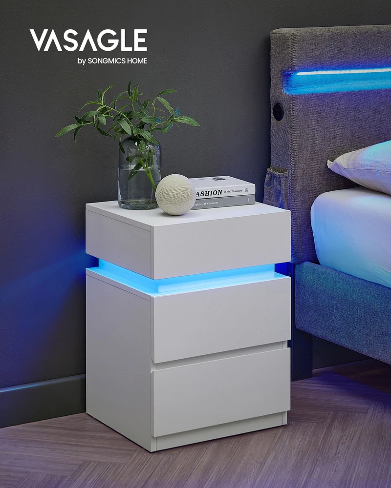 Koduva Naktinis staliukas su LED apšvietimu, baltas, 33,5 x 40 x 55 cm, 3 stalčiai