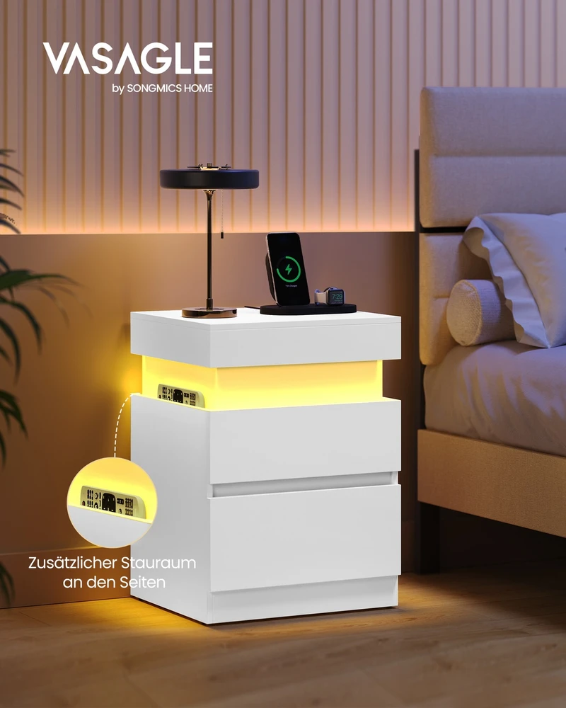 Koduva Naktinis staliukas su lizdais ir LED apšvietimu, 35 x 40 x 55 cm, baltas