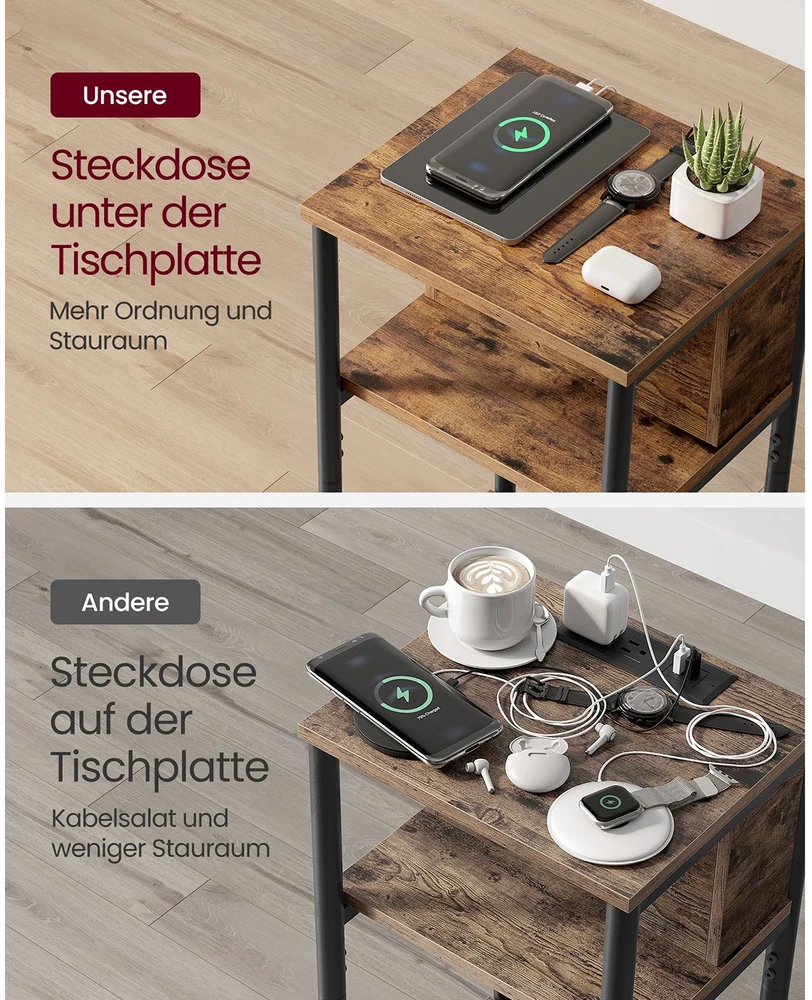 Koduva Naktinis staliukas su lizdu, siauras, 2 AC ir 2 USB jungtys, 30 x 34 x 58 cm, rudas-juodas