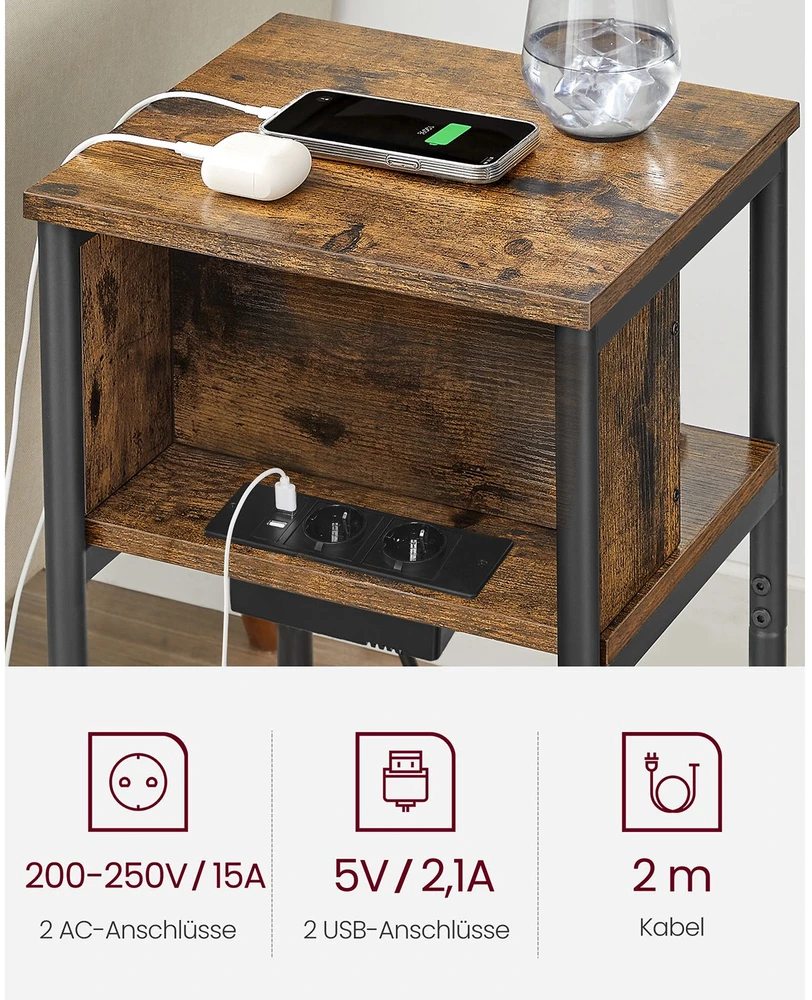 Koduva Naktinis staliukas su lizdu, siauras, 2 AC ir 2 USB jungtys, 30 x 34 x 58 cm, rudas-juodas