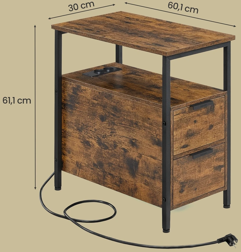 Songmics Naktinis staliukas su maitinimo juosta, 2 stalčiais, 60 x 30 x 61 cm, rudas-juodas