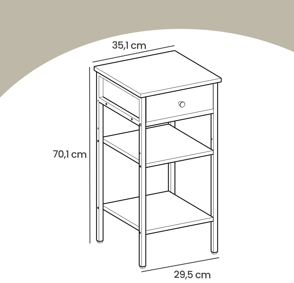 Songmics Naktinis staliukas su stalčiumi ir 2 lentynomis, 35,1 x 35,1 x 70,1 cm, baltas